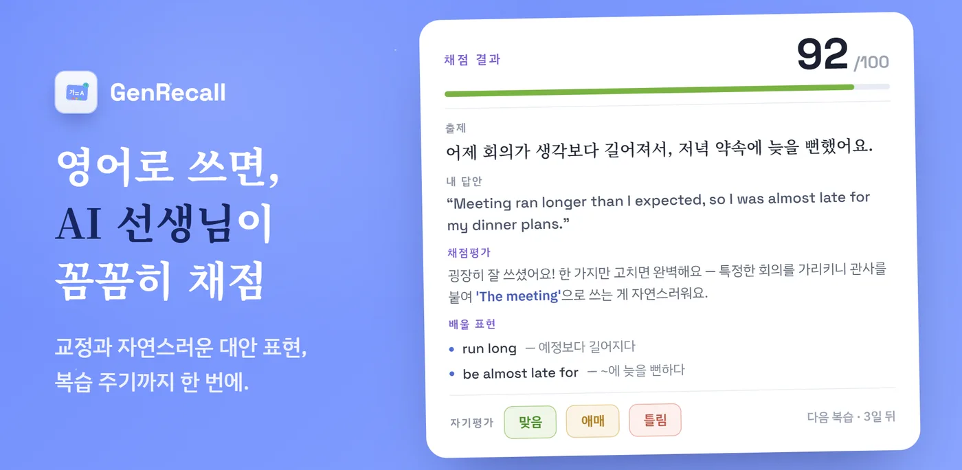 GenRecall 소개 — “영어로 쓰면, AI 선생님이 꼼꼼히 채점”. 채점 결과 화면에 92점과 교정 해설, 배울 표현이 함께 표시된다.